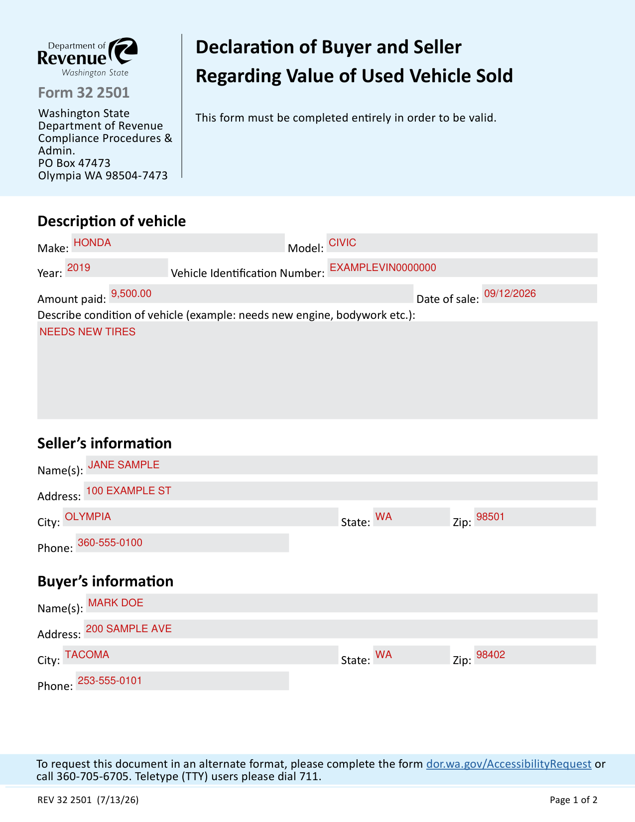 Form 32 2501 example filled out, example: a seller and a buyer declare the value of a used car