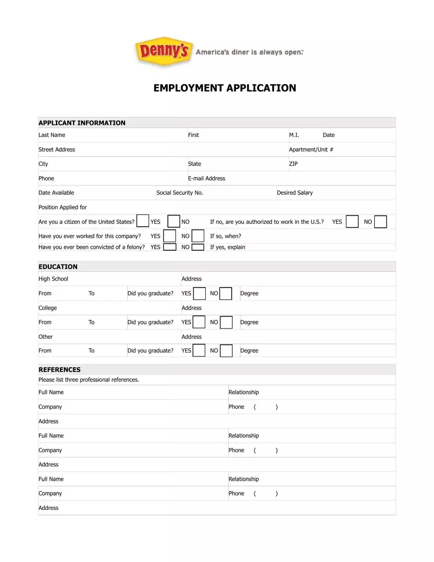 Dennys Application first page preview