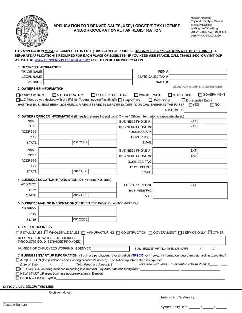 Denver Sales Tax Application first page preview