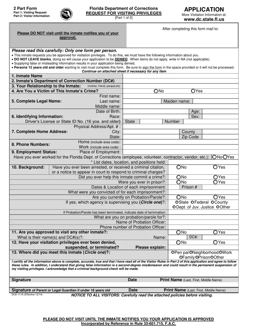 Department Of Corrections Visitation Forms Florida first page preview