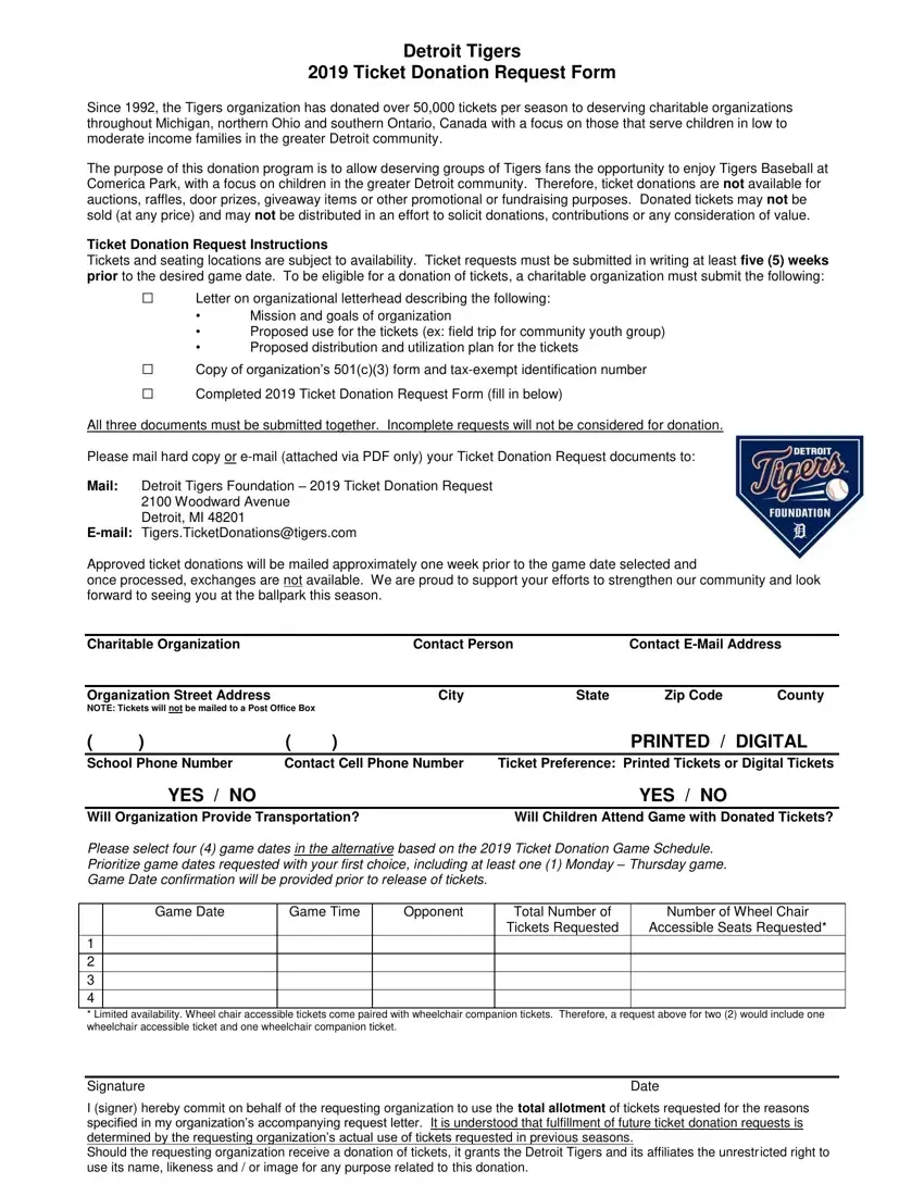 Detroit Tigers Donation Request Form first page preview