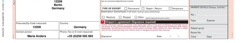 Filling out dhl waybill form stage 2