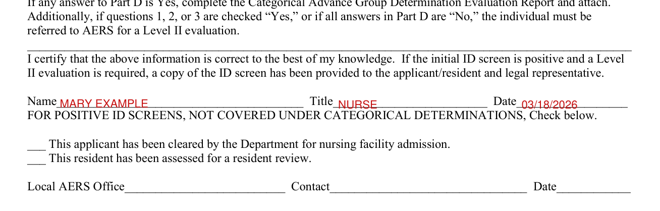 Form DHMH 4345 example filled out, certification and AERS referral