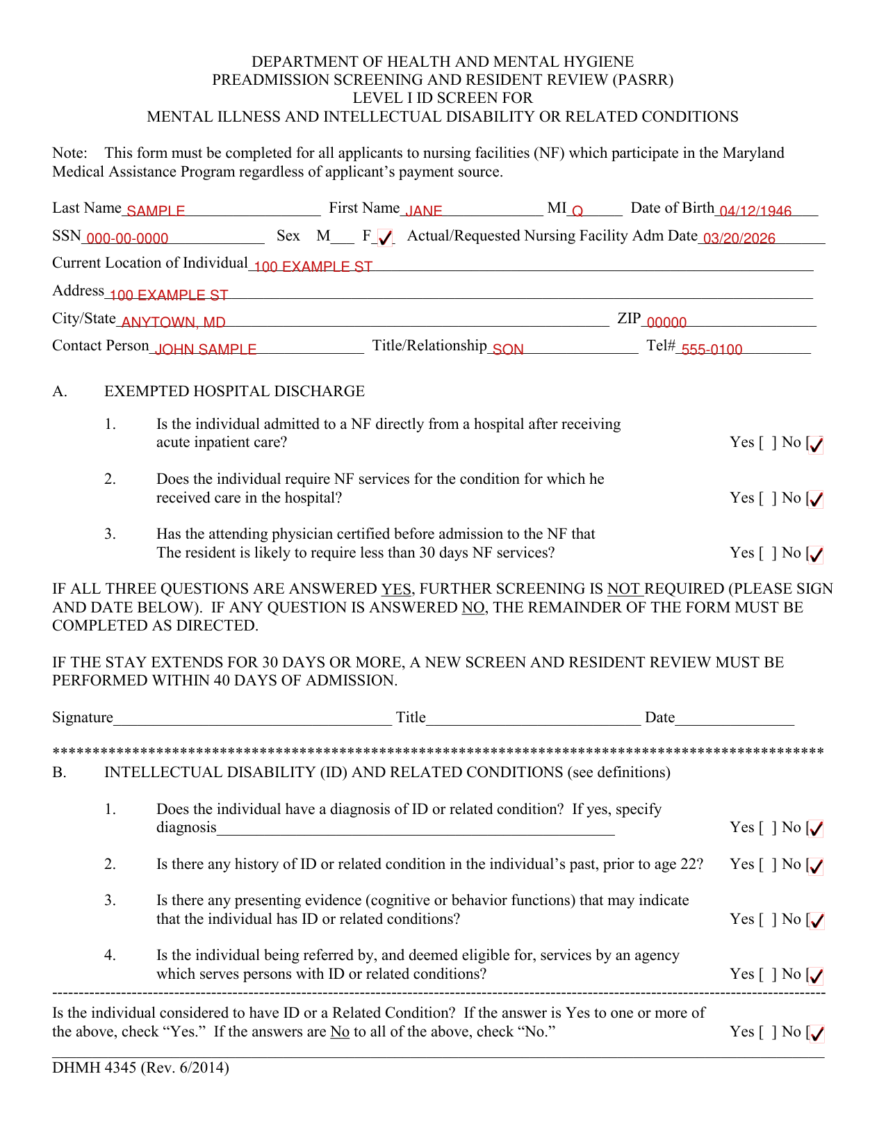 Form DHMH 4345 example filled out, example: a nurse screens an applicant from home