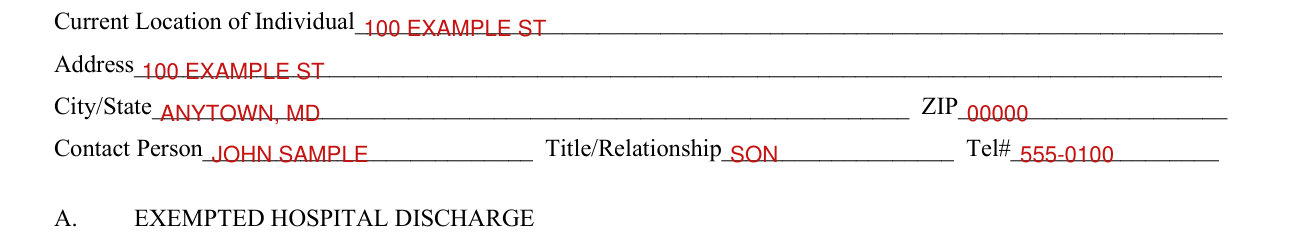 Form DHMH 4345 example filled out, location of Individual and Contact Person