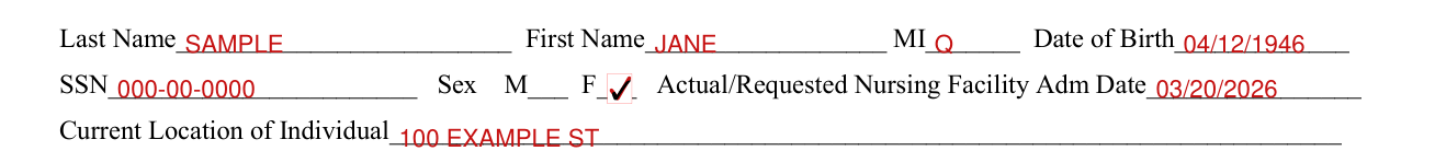 Form DHMH 4345 example filled out, name, Date of Birth, SSN and Sex