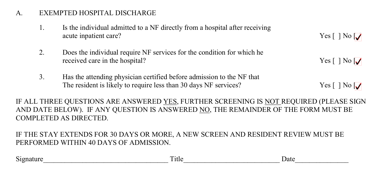 Form DHMH 4345 example filled out, part A, Exempted hospital discharge