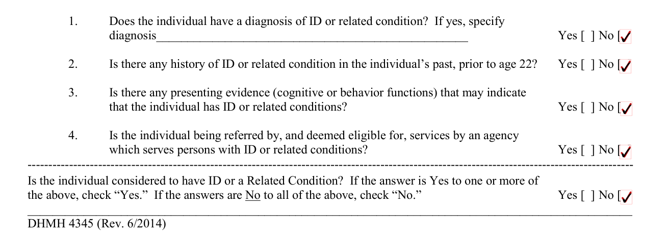 Form DHMH 4345 example filled out, part B, Intellectual disability and related conditions