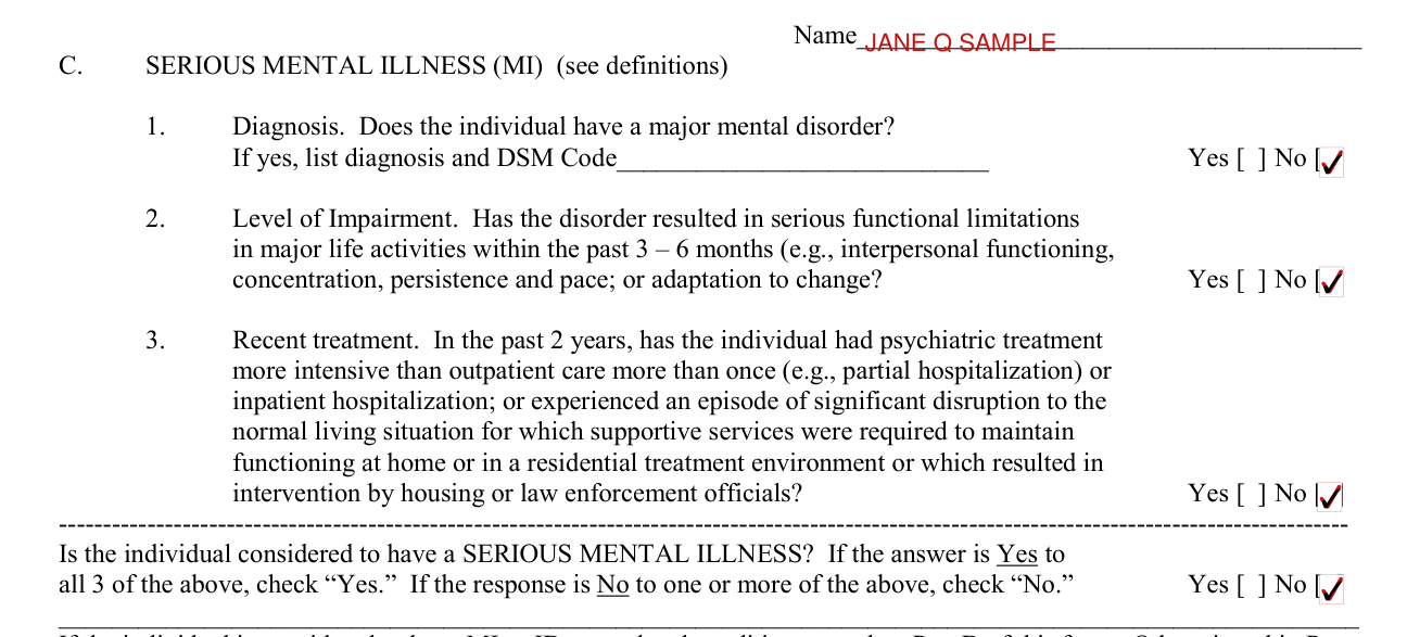 Form DHMH 4345 example filled out, part C, Serious mental illness