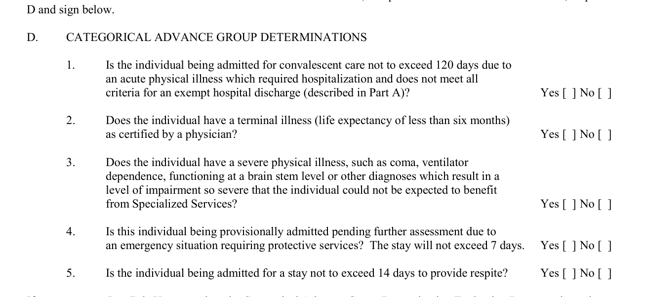 Form DHMH 4345 example filled out, part D, Categorical advance group determinations