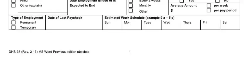 michigan dhs form 3688 shelter verification Estimated Work Schedule (example 9, Tues, Wed, Mon, Thurs, Fri, Sat, Permanent Temporary, Yes, Yes, Does employer offer health plan, Yes, DHS-38 (Rev, SECTION 2 - INSURANCE / RETIREMENT, Is health plan available to, Yes, Health Plan Premium (even if not, per pay, Yes, Does employee have cafeteria-style, other, No If Yes, Hospital Medical Dental Vision None, and Name(s) of Insurance Company(s) blanks to fill