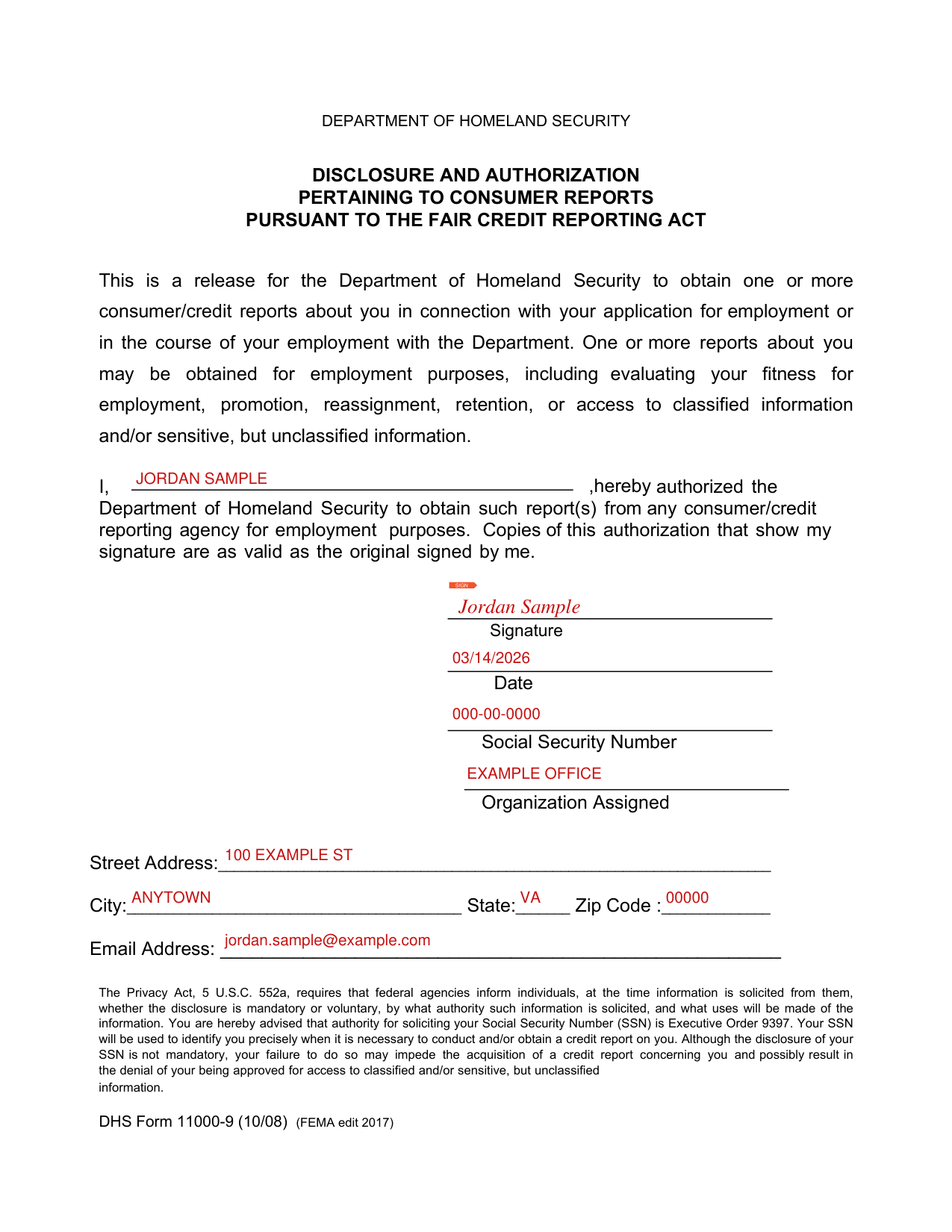 DHS Form 11000-9 example filled out, example: a job applicant authorizes a credit report