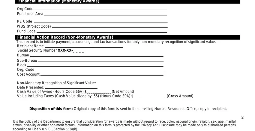 di 451 fillable Financial Information Monetary, Org Code Functional Area, PE Code WBS Project Code Fund Code, Financial Action Record, This record is to initiate payment, NonMonetary Recognition of, Disposition of this form Original, and It is the policy of the Department fields to insert