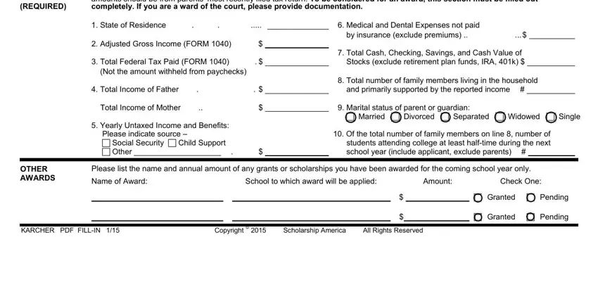 printable carls jr application Instructions for this section are, Total Income of Mother 5, by insurance (exclude premiums) , Stocks (exclude retirement plan, and primarily supported by the, (cid:70) Married (cid:70) Divorced, school year (include applicant, GOALS AND ASPIRATIONS UNUSUAL, OTHER AWARDS KARCHER PDF FILL-IN, Name of Award:, Please list the name and annual, School to which award will be, Amount:, Check One:, and (cid:70) Granted (cid:70) Pending blanks to insert