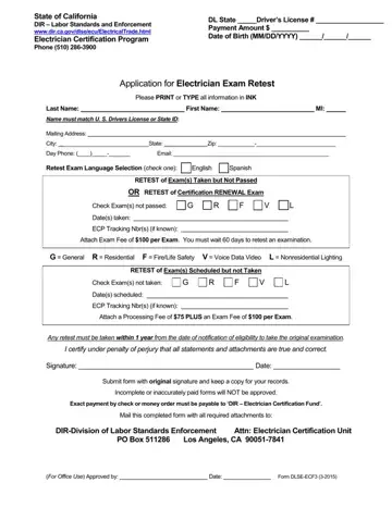 Dir Dlse Electrician Exam Retest Form Preview