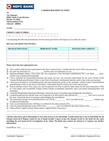 Dispute Form For HDFC Credit Card Preview