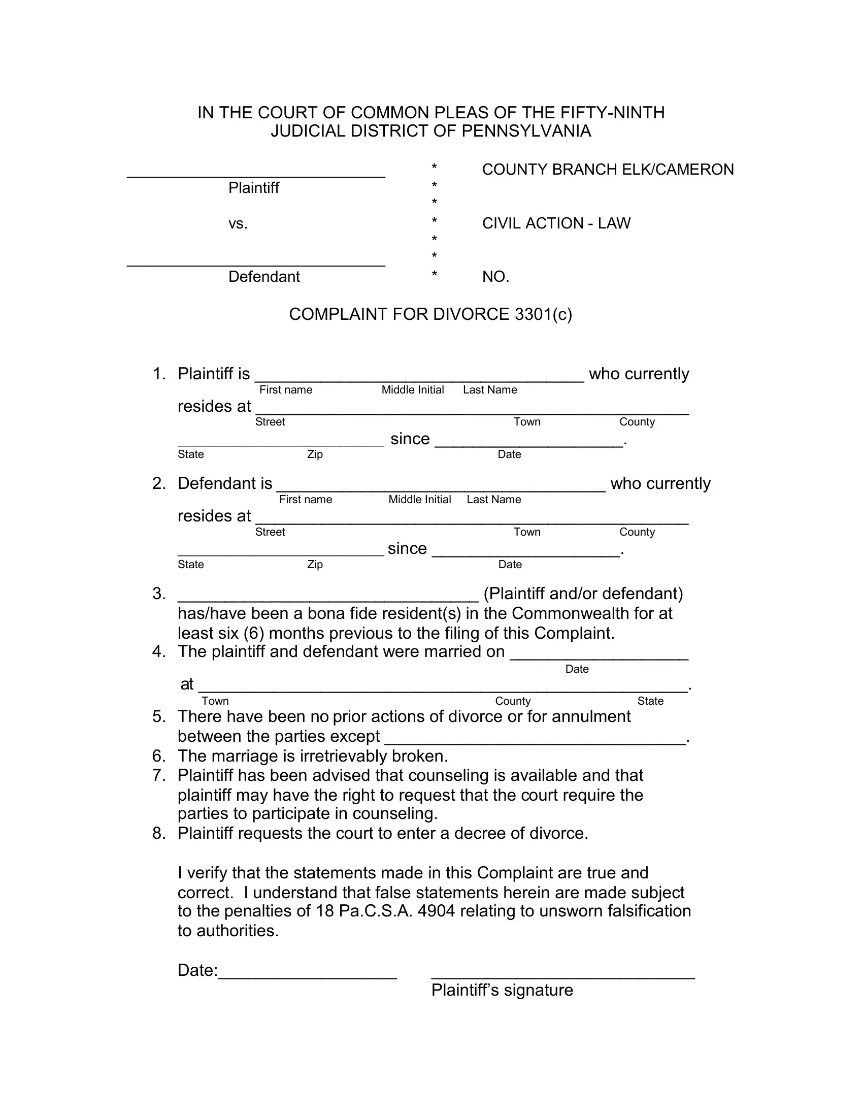 Divorce Form In Pa ≡ Fill Out Printable PDF Forms Online