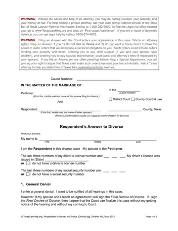 Divorce Petition Form Preview