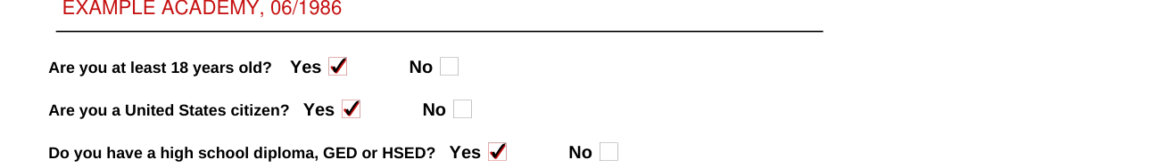 Form DJ-LE-330 example filled out, age, citizenship and high school diploma