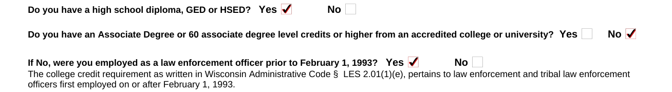 Form DJ-LE-330 example filled out, associate Degree and employed as a law enforcement officer prior to February 1, 1993