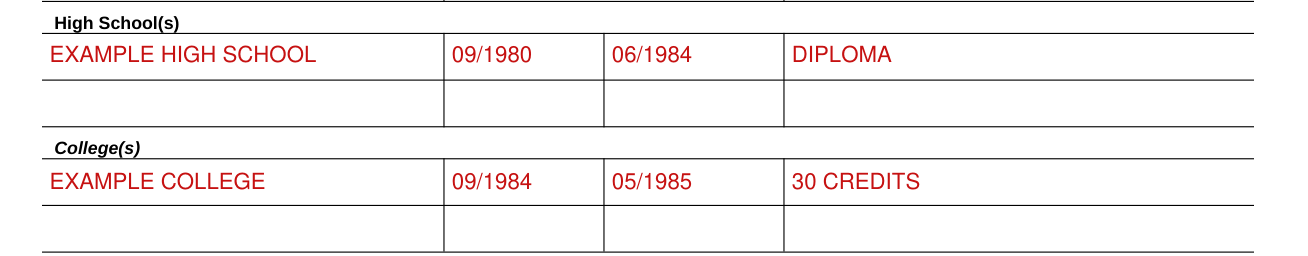 Form DJ-LE-330 example filled out, education