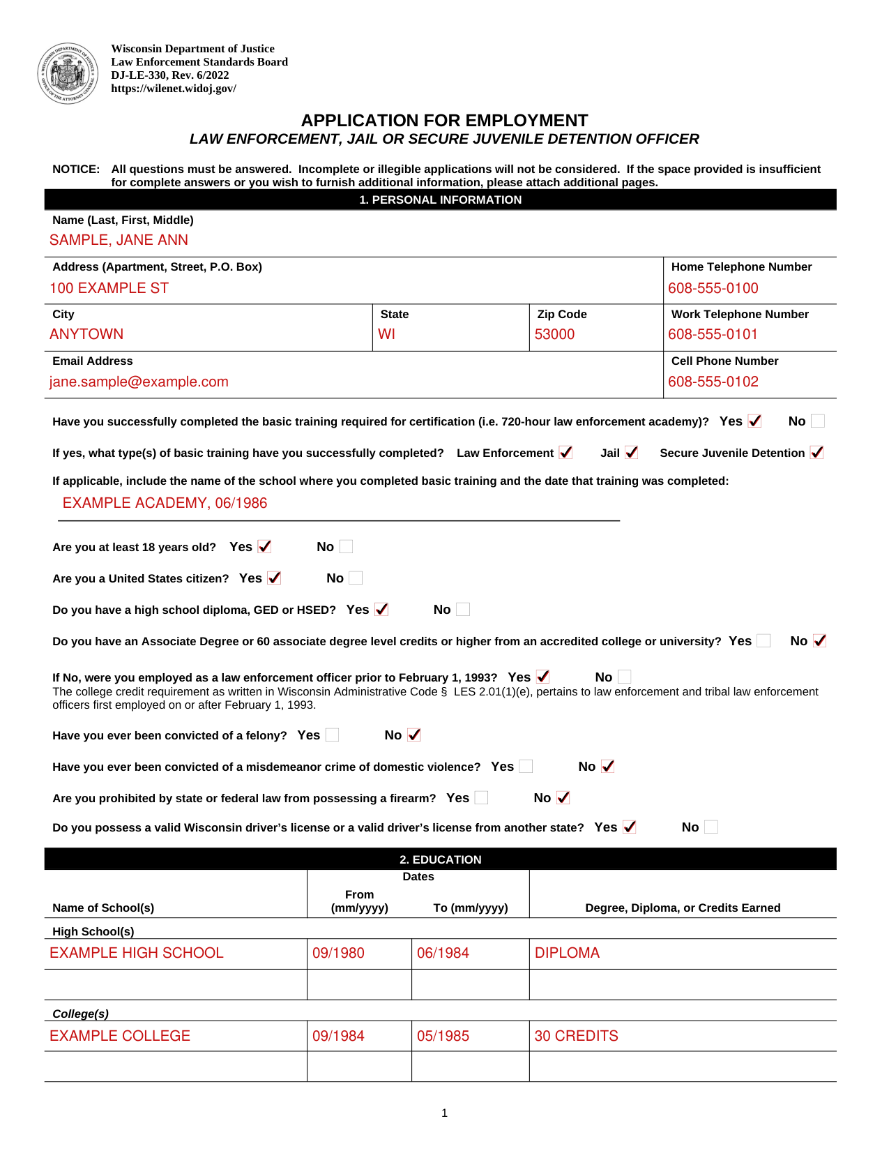 Form DJ-LE-330 example filled out, example: an applicant fills out page one