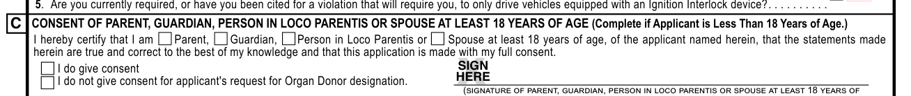 Form DL-180R example filled out, consent of Parent, Guardian, Person in Loco Parentis or Spouse at Least 18 Years of Age