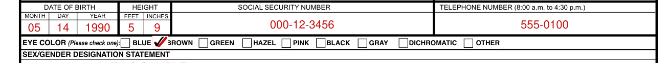 Form DL-180R example filled out, eye color