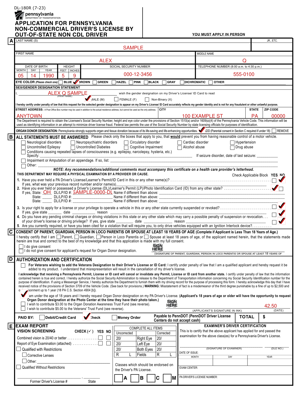 Form DL-180R example filled out, example: transferring a license from Ohio