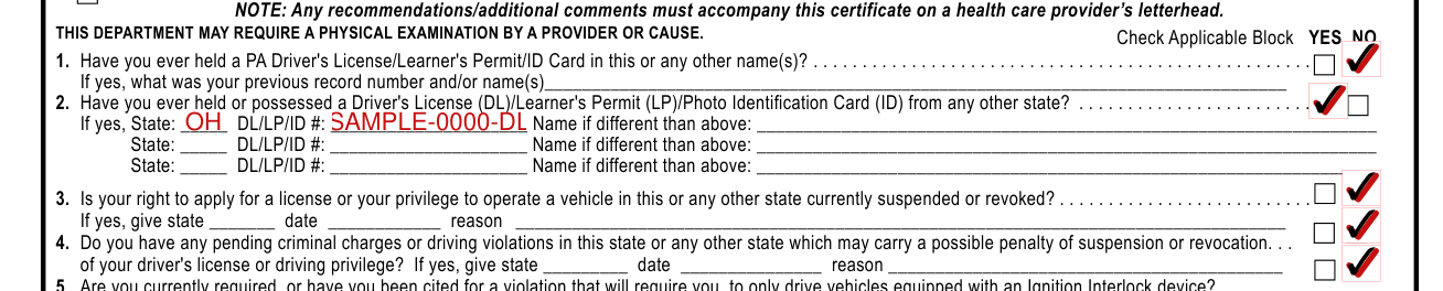 Form DL-180R example filled out, have you ever held a PA Driver's License