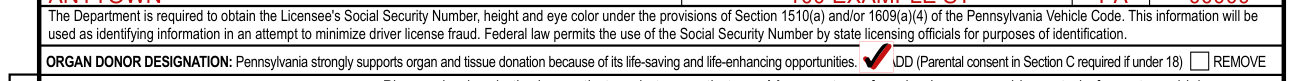 Form DL-180R example filled out, organ Donor Designation