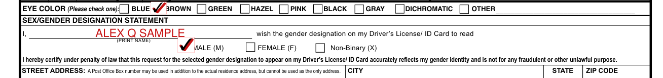 Form DL-180R example filled out, sex/Gender Designation Statement