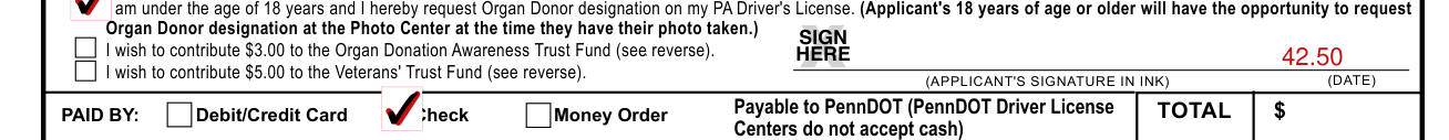 Form DL-180R example filled out, total $ PAID BY and the fees