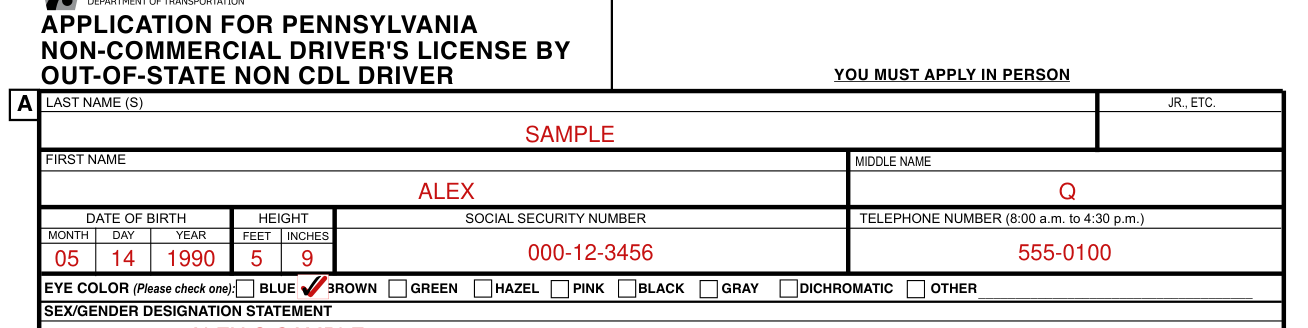 Form DL-180R example filled out, your name, social security number, telephone number, date of birth and height