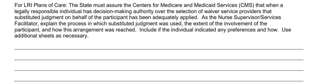 Form DMAS 97 A/B example filled out, for LRI Plans of Care: substituted judgment