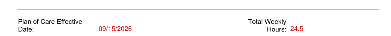 Form DMAS 97 A/B example filled out, plan of Care Effective Date and Total Weekly Hours