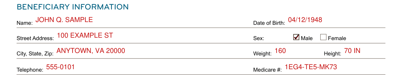 DME MAC Jurisdiction C Suggested Intake Form example filled out, bENEFICIARY INFORMATION
