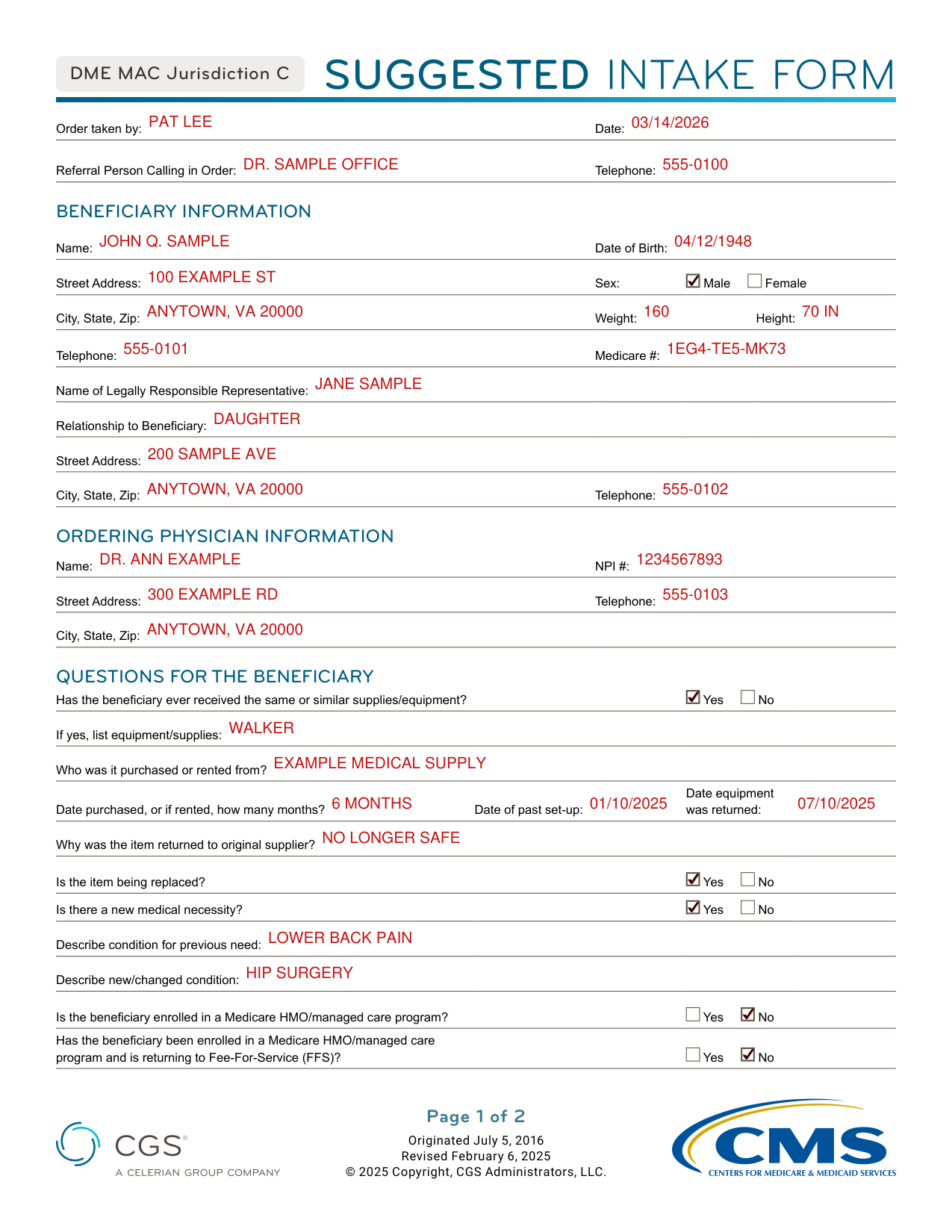 DME MAC Jurisdiction C Suggested Intake Form example filled out, example: a replacement walker order