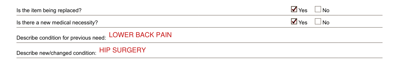 DME MAC Jurisdiction C Suggested Intake Form example filled out, is the item being replaced?