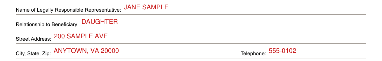 DME MAC Jurisdiction C Suggested Intake Form example filled out, name of Legally Responsible Representative