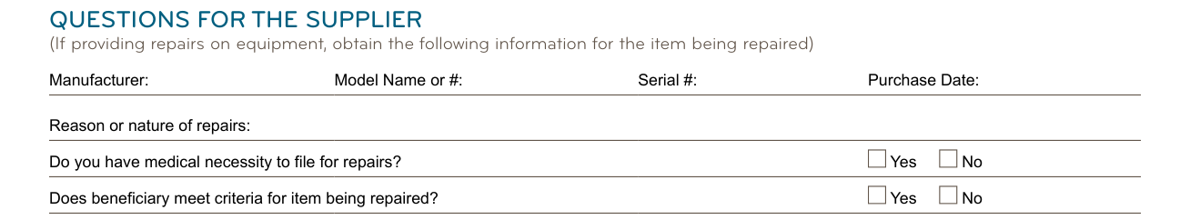 DME MAC Jurisdiction C Suggested Intake Form example filled out, qUESTIONS FOR THE SUPPLIER