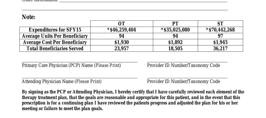 dms 640 arkansas medicaid Other Information, Note, Expenditures for SFY Average Units, Primary Care Physician PCP Name, Provider ID NumberTaxonomy Code, Attending Physician Name Please, Provider ID NumberTaxonomy Code, and By signing as the PCP or Attending fields to insert