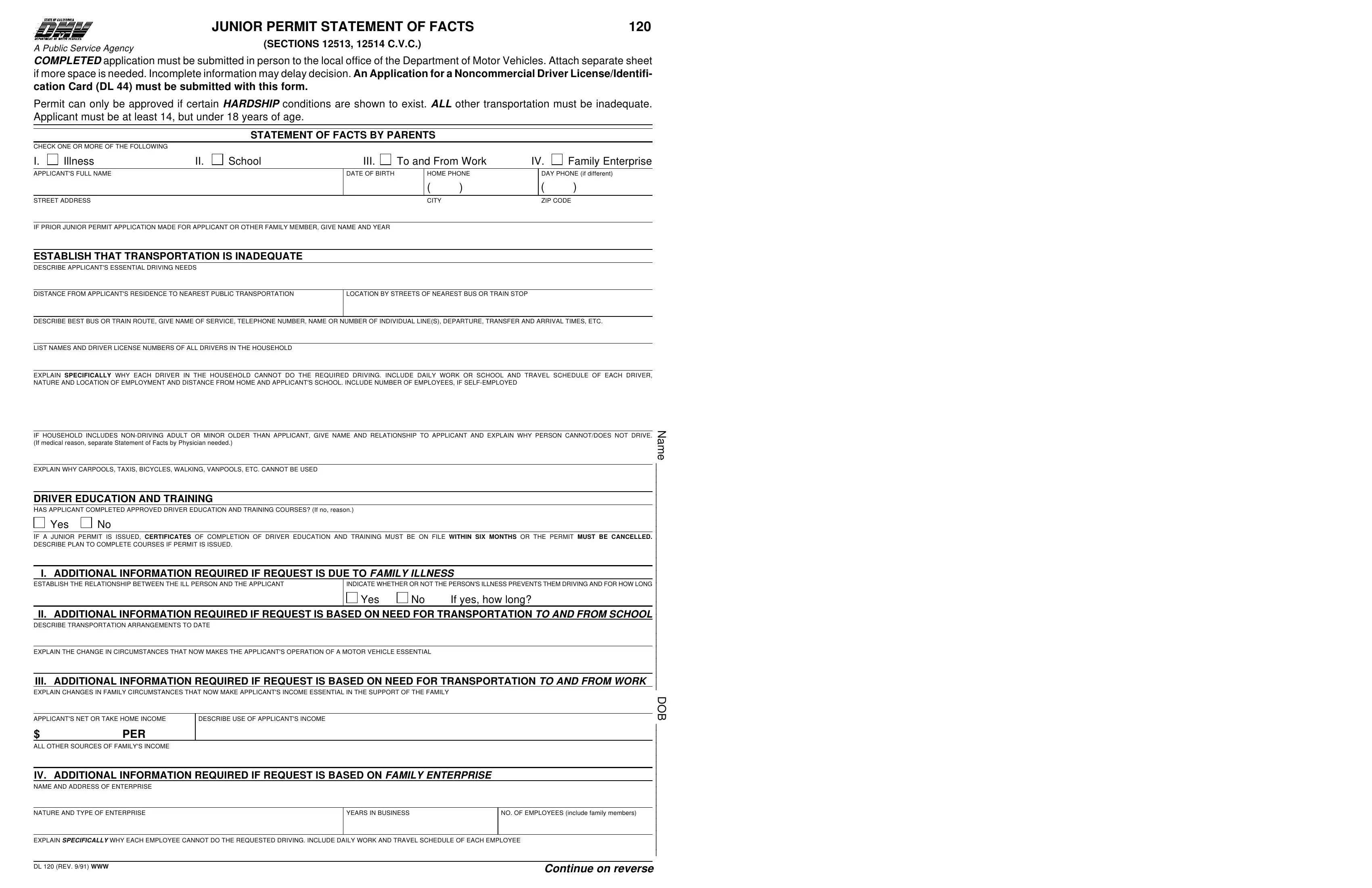 Dmv Dl 120 Form Fill Out Printable PDF Forms Online