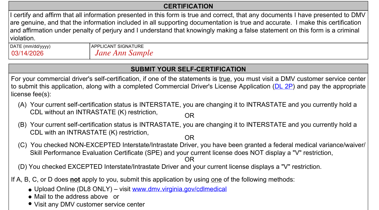 Form DL 8 example filled out, certification, signature and submit