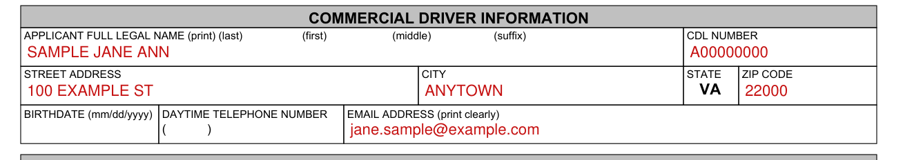 Form DL 8 example filled out, commercial driver information