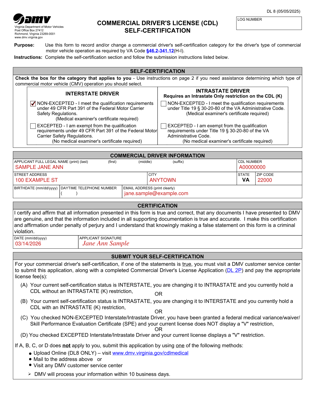 Form DL 8 example filled out, example: an interstate driver records the category