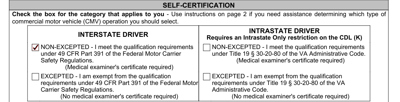 Form DL 8 example filled out, self-certification category