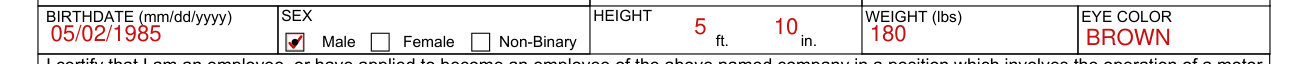 Form DL 55 example filled out, birthdate, height, weight, eye color and sex