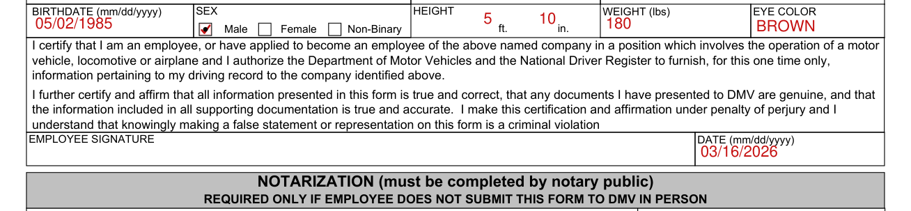 Form DL 55 example filled out, employee certification and signature