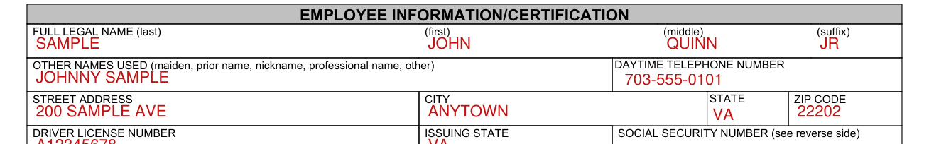 Form DL 55 example filled out, employee information/certification